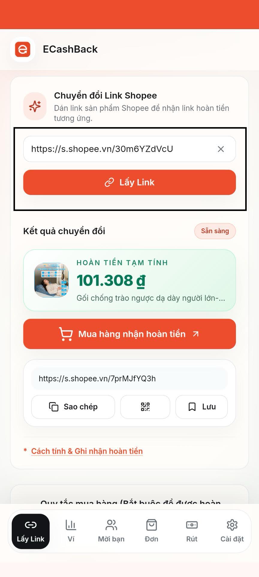 Minh họa mobile: Dán link vào ECashBack