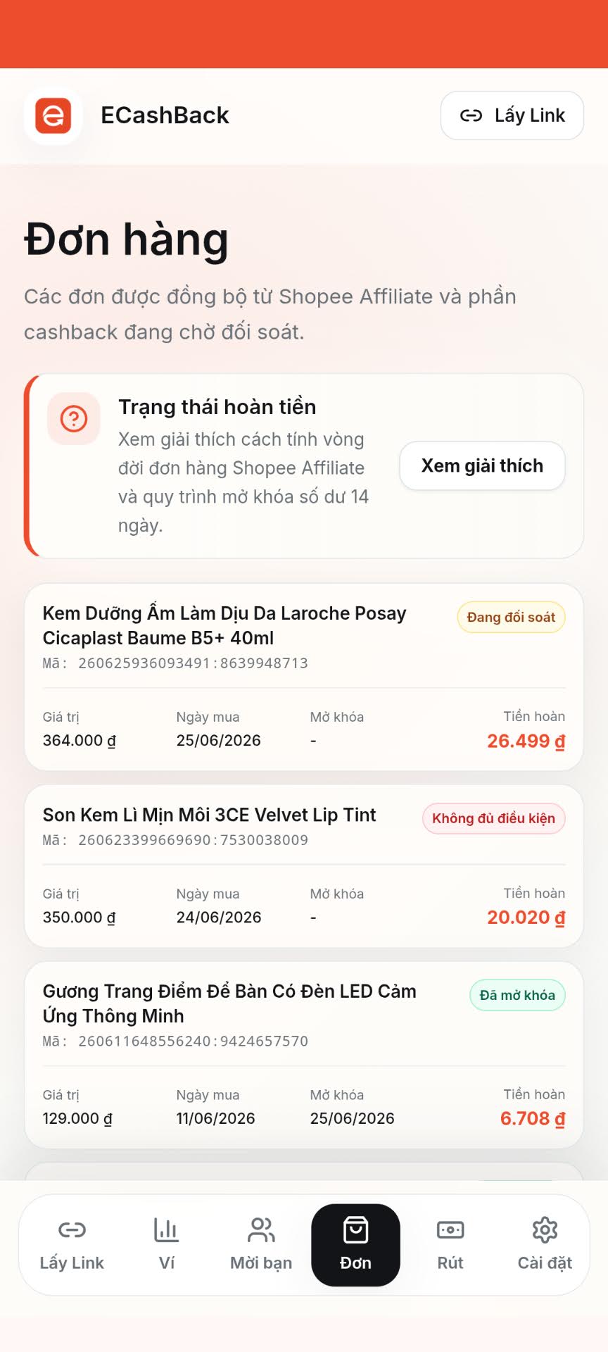 Minh họa mobile: Theo dõi đơn và rút tiền